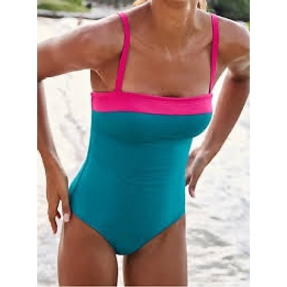 Boden One Piece Swimsuit Women Size 10 Teal Pink Colorblock Square Neck